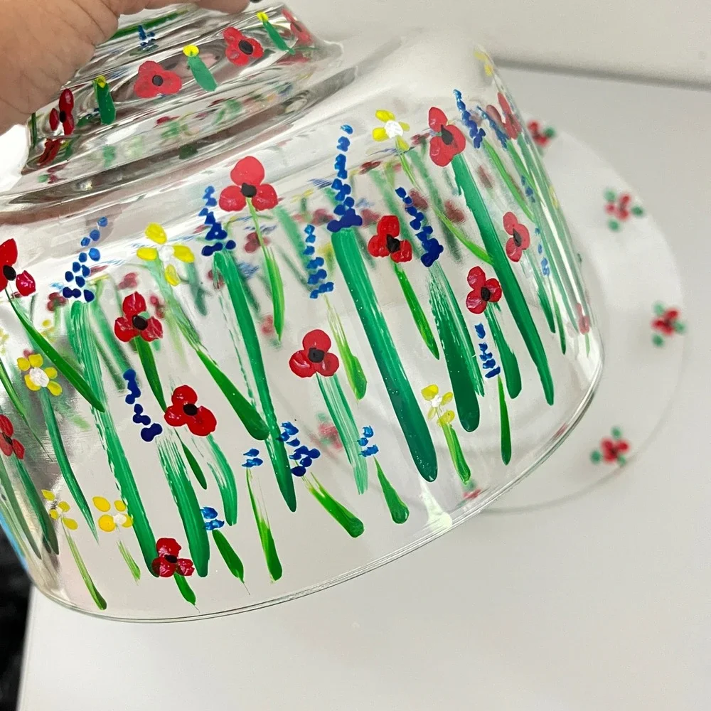 Vintage France  Cheese Cloche Set  Clear Hand Painted Floral Wildflower